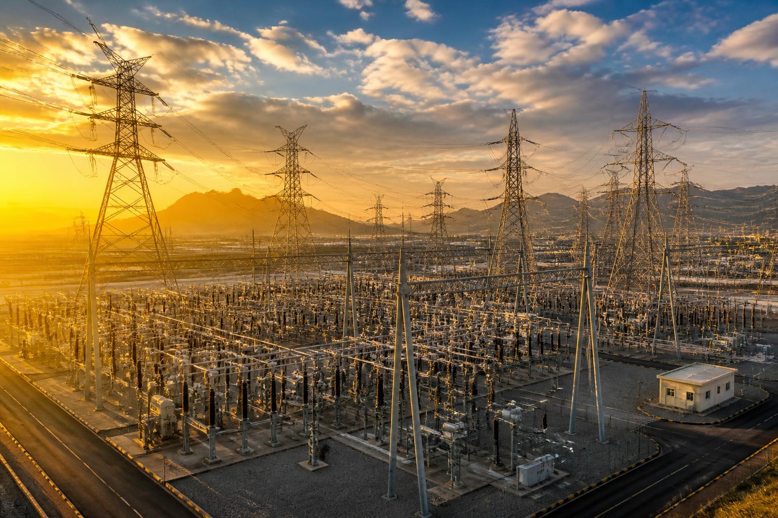 National-scale electrical infrastructure at sunset